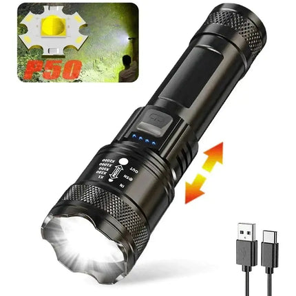 Powerful P70 Led Flashlights 5000LM Ultra Bright Tactical Light Emergency Spotlights Telescopic Zoom Light Built-in Battery - GetGadgets