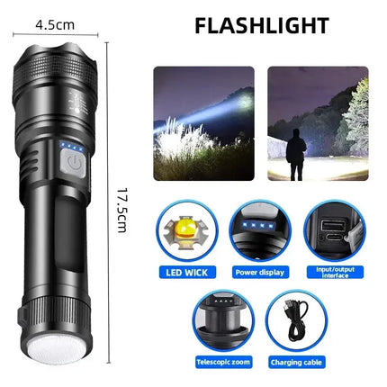 Powerful P70 Led Flashlights 5000LM Ultra Bright Tactical Light Emergency Spotlights Telescopic Zoom Light Built-in Battery - GetGadgets