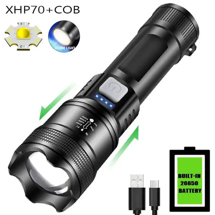 Powerful P70 Led Flashlights 5000LM Ultra Bright Tactical Light Emergency Spotlights Telescopic Zoom Light Built-in Battery - GetGadgets