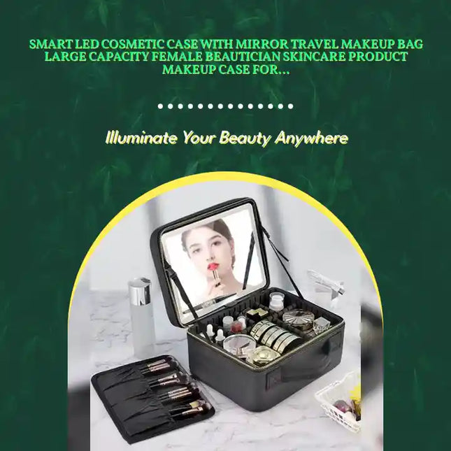 Smart LED Cosmetic Case With Mirror Travel Makeup Bag Large Capacity Female Beautician Skincare Product Makeup Case For Women by@Outfy